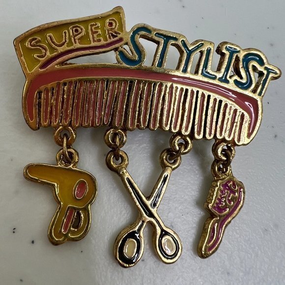 DM David Monn Super Stylist Brooch Charm Dangle Pink Yellow Enamel Gift Pin Used - Picture 3 of 6